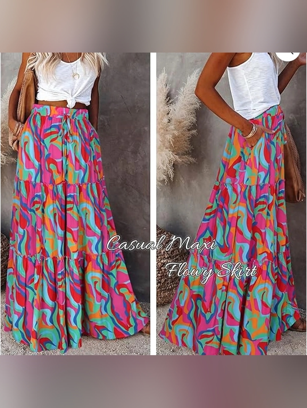 Elastic Waist A Line Midi Skirt Size S/M Drawstring Abstract Colorful Eclectic - Picture 1 of 15